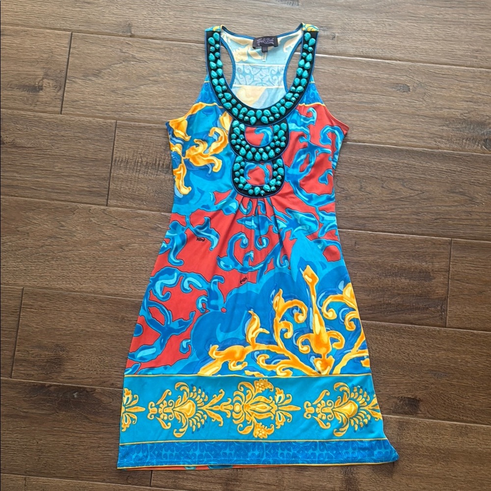 Blue and Pink Sleeveless Mini Sheath Dress for Resort Wear